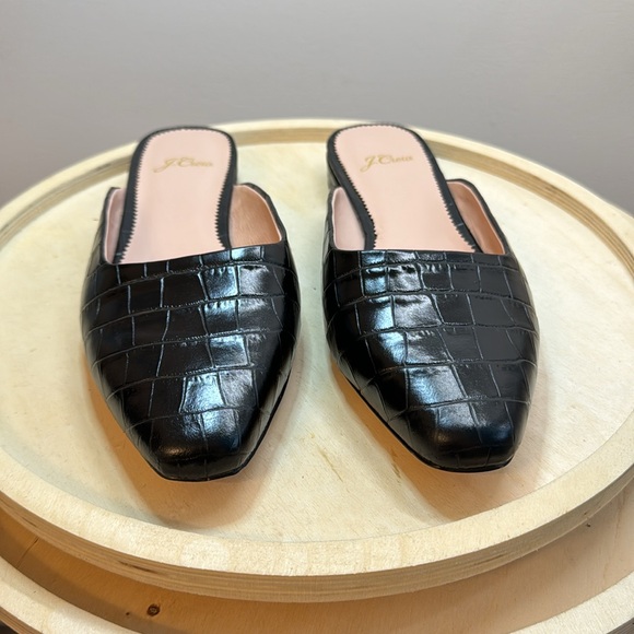 J Crew Carolyn Black Leather Croc Print Flat Mules Size 8 - Picture 2 of 11